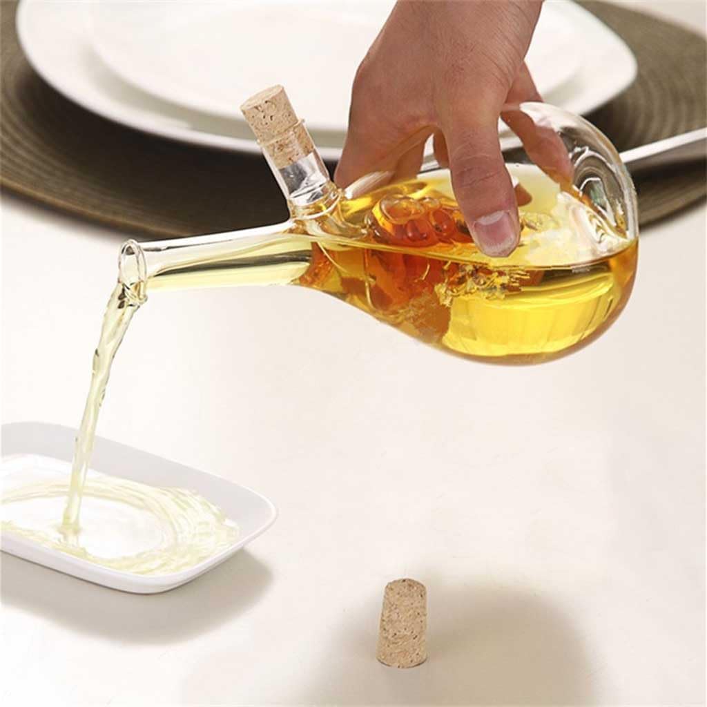 Dispensador de aceite y vinagre de cristal, Botella dispensadora de aceite y vinagre 2 en 1 de vidrio con tapón de corcho de 400 ml