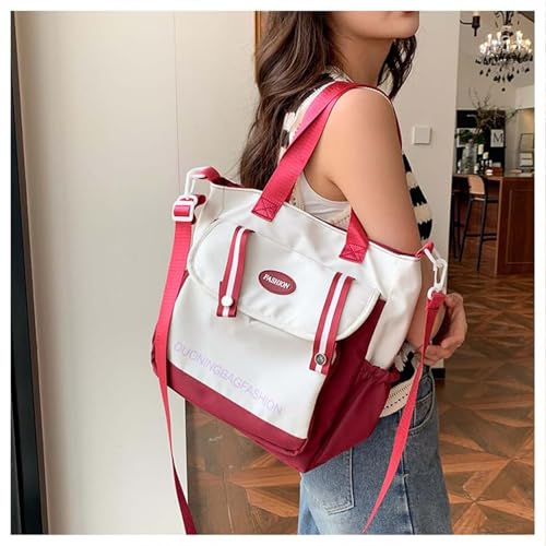 Colorblock Nylon Shoulder Tote - Spacious Stylish Carry Bag for Women (Red)3