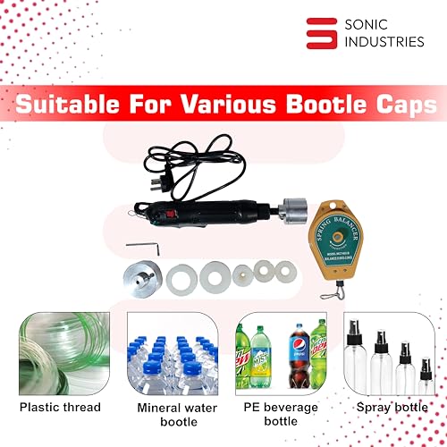 Image of SONIC INDUSTRIES Electric & Manual Portable Single Head Handheld Bottle Capping and Sealing Machine, 80W Power, 10-50mm Screw Cap Range, Adjustable Capping Diameter, Voltage 220V