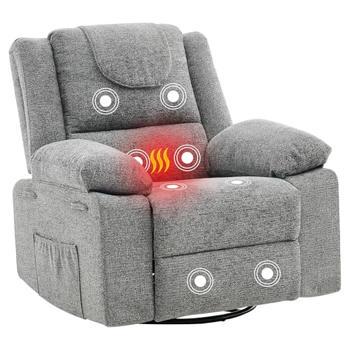 Image of Oversized Swivel Rocking Recliner Chair for Adults, 360 Swivel Glider Nursery Chair with Vibration Massage & Heat, Comfortable Single Sofa for Living Room Bedroom, Gray