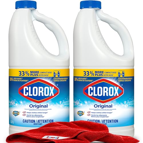 Clorox Bleach Cleaner, 2 Pack Original Concentrated Bleach, Easy Pour Bottle with Handle, Moldand Mildew Remover, Removes Stains and Whitens, 43 oz Each