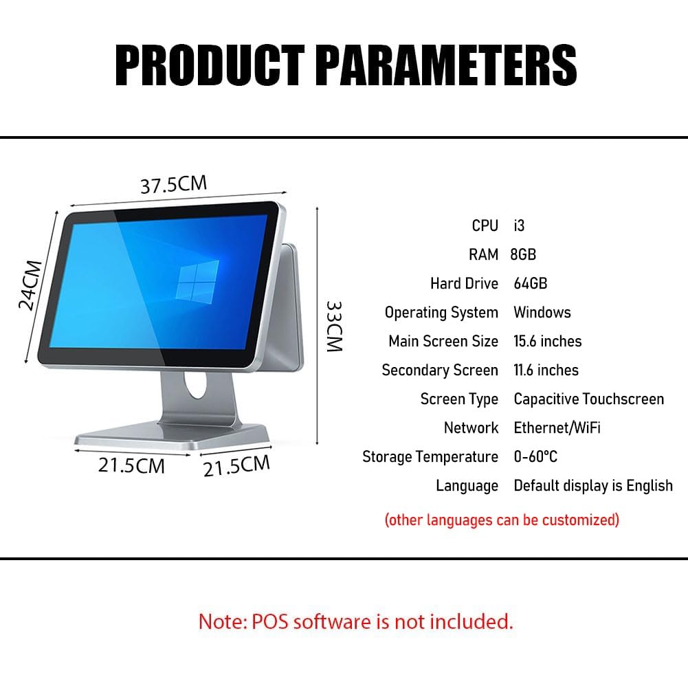 Registratore di cassa a doppio schermo-cassa POS touchscreen 15,6"+11,6" | Con i3 8G 64G SSD MSATA, interfacce avanzate, Wi-Fi 5G integrato, Windows 10 per negozi e attività commerciali