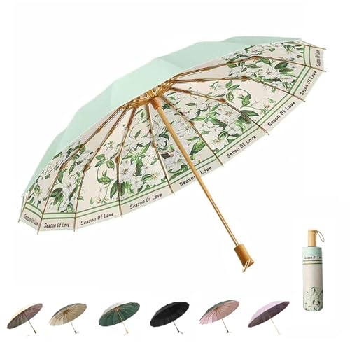 Folding umbrella for rain and sun UPF 50+ UV Protection Windproof waterproofing and Strong Travel Essentials for Men Womens Umbrella 16 Ribs Wooden Handle Flower Travel Umbrella Compact Valentines Day Gifts
