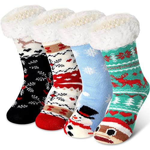 Jeyiour 4 Pairs Christmas Women's Fuzzy Slipper Socks Fleece Xmas