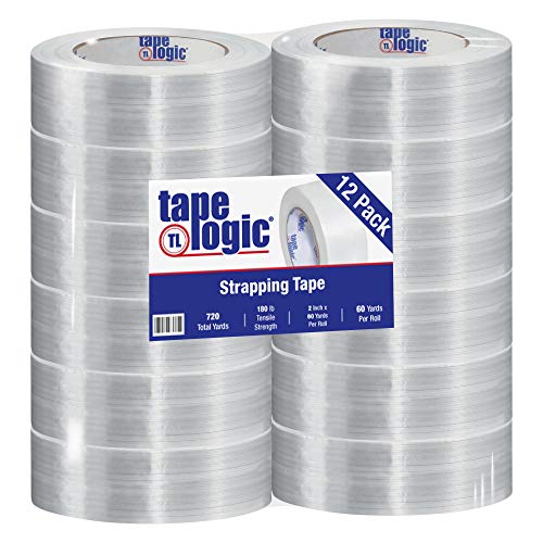 Aviditi Tape Logic 2 Inch x 60 Yards, Reinforced Glass Filament Strapping Tape, Clear, for General Bundling, Shipping and Packing (12 Rolls)