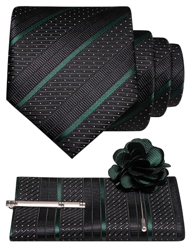 JEMYGINS Mens Dark Green Striped Tie and Lapel Pin Necktie Pocket Square with Tie Clip Sets for Business Casual 4PCS(13)