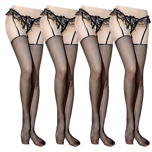 Image of Thigh High Lace Garter Belts Stockings with Pearls String 4 Pairs Breathable Black Sheer Lace Top Suspender Stockings Pantyhose Garter Tights for Women