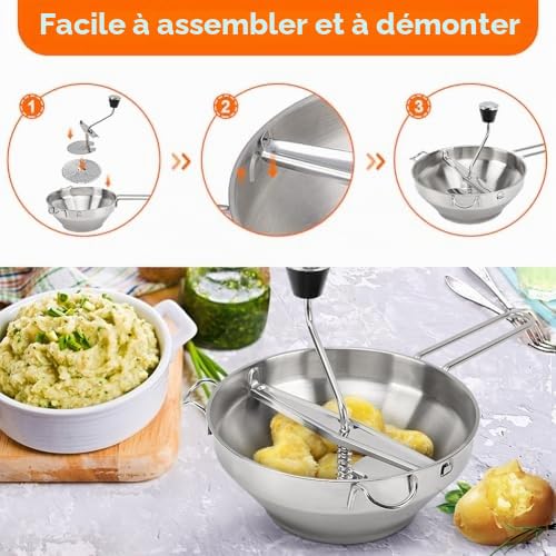 Moulin à pommes de terre manuel en acier inoxydable Écrase, égoutte et râpe fruits et légumes 3 disques, facile à utiliser