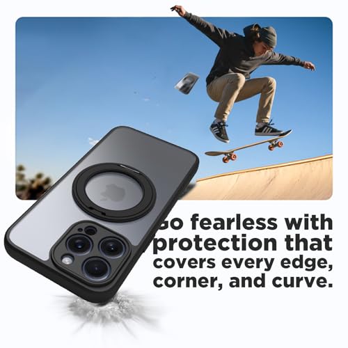 Image of RIGGEAR Shockproof Sleek Hybrid Armor 360 Rotating Magnetic Ring Stand Back Cover Case Compatible with MagSafe Accessories for iPhone 15 Pro Max (Clear PC + Black TPU Bumper)