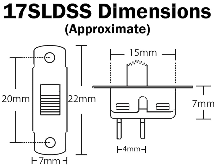 6 Pack Mini 23mm Slide Switch, SPST, 2-Pin Solder Lug - EX