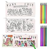  HAWAF DIY Children\'s Pencil Bag Set, 4 Pieces Pencil Pouches for Self-Painting, 12 Pieces Color Watercolor Pen for DIY Design