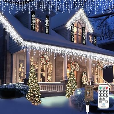 TOPPORTED Icicle Christmas Lights Outdoor,520 LED 49.2FT 8 Modes with 80 Drops Cool White Icicle Lights,Remote Control Outdoor Indoor Fairy String Lights for Christmas Party,Holiday Decorations