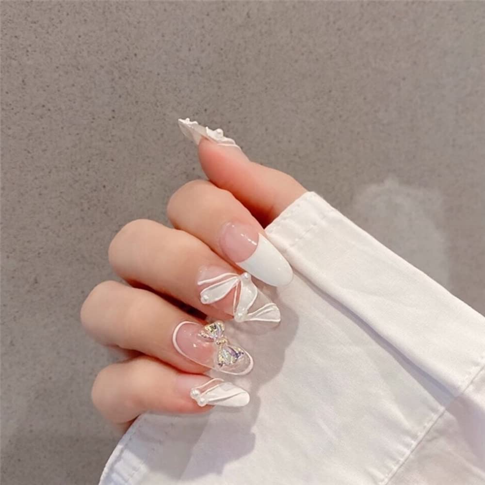 Amazon.com: BETHYNAS 24Pcs Long Oval False Nails with Design Bling Glitter  Butterfly Bow-Knot Fake Nails Acrylic Press On Fingernails with Glue  Stickers for Women Girls (French White&Bow-Knot) : Beauty & Personal Care