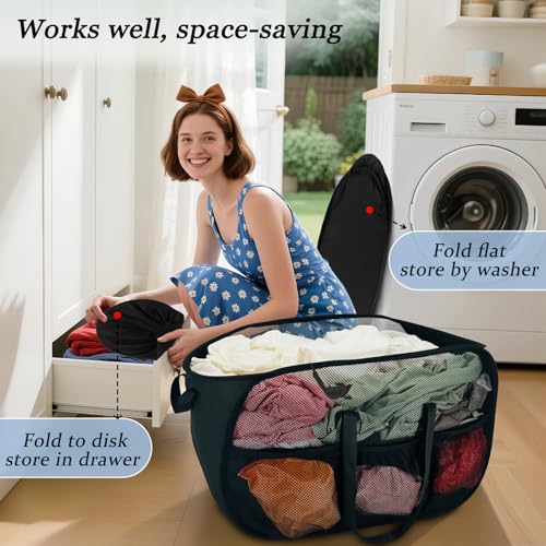 Image of Upgraded Cationic XL Collapsible Laundry Baskets, 100L Extra Large Mesh Pop Up Hamper with Handles and bag, Portable Stair Basket, Dirty Clothes Hamper for Cruise Travel Bedroom. Black