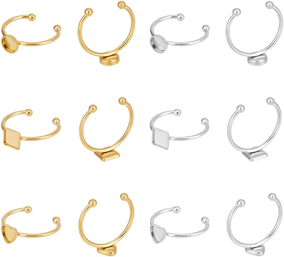 12Pcs 3 Styles 304 Stainless Steel Blank Dome Finger Rings 2 Colors Round Flat Pad Ring Components Open Cuff Bezel Trays Fit Ring for Jewelry Making Tray 6mm