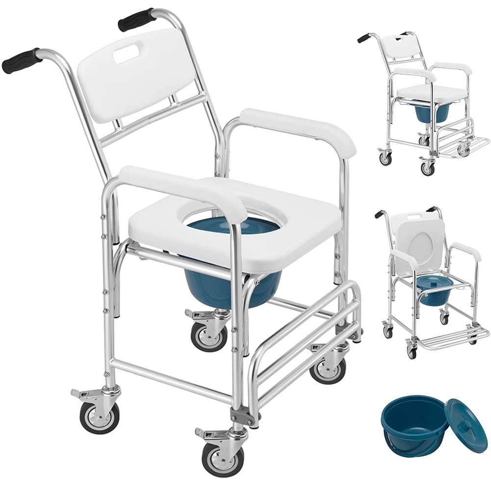BAKAJI Sedia a Rotelle Impermeabile con WC e Coperchio Rimovibile, Seduta Ergonomica Comodo con Toilette Inclusa, Struttura Resistente, 4 Ruote Piroettanti e Maniglie Ergonomiche, 55 x 70 x 96 cm