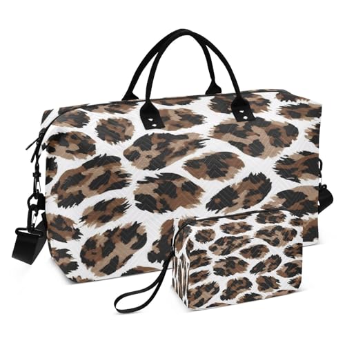 Leopard Print Travel Duffel Bag Large Capacity Weekender Bag with Toiletry Bag Detachable Shoulder Strap Travel Tote Bag for Women