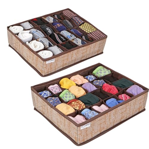 Image of HOKIPO Fabric Undergarment Clothing Organizer Storage Box for Drawers Bra Panty Socks Tie Lingerie Organizer for Wardrobe, 2 Pcs-24+24 Grids (NEW-332-BR*2), Brown