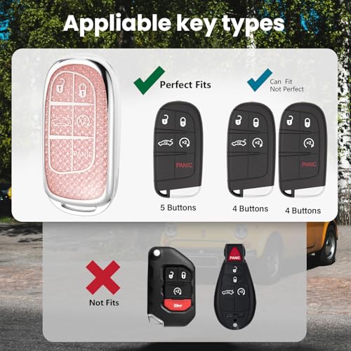 Image of Key Fob Cover for Jeep Renegade, Rhinestone Wristlet Case, Pink | Wear-resistant TPU shell, non-stretch rhinestone wristlet, daily splash, scratch and drop protection, normal signal use
