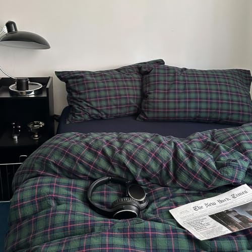 Image of EAVD Vintage Plaid Duvet Cover Full Pink Green Gingham Duvet Cover Set | Soft 100% Washed Cotton 3-Piece Reversible Plaid Bedding Set 1 Duvet Cover with 2 Pillowcases Zipper Closure Corner Ties