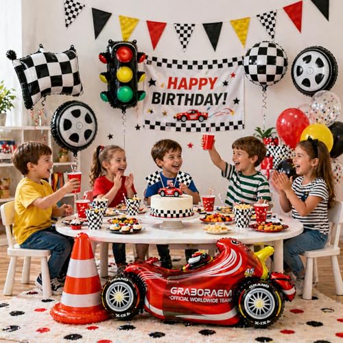 Image of Rozi Decoration Racing Car Theme Foil Balloon Set with Car, Traffic Light, Flag, Cone & Wheel Balloons, 6 Pcs Birthday Decoration Kit for Kids Racing Theme Party