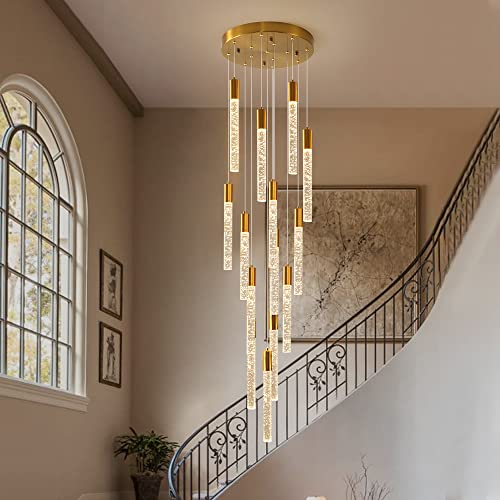 Kerhene 118" High 14-Lights Foyer Chandeliers For High Ceilings, Gold Led Modern Crystal Chandeliers For Entryway, 84W Led Dimmable Raindrop Chandelier, Staircase Lights (Light Bulb Included) #TOP1