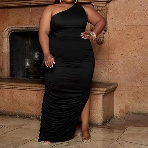 Womens Sexy Plus Size One Off Shoulder Sleeveless Bodycon Ruched Evening Pencil Party Maxi Dresss2