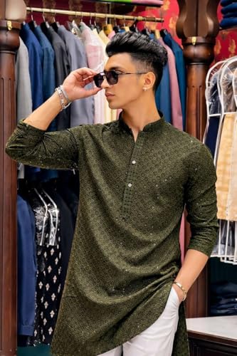 Image of Men's Lakhnawi Chikankari Kurta Set Cotton Ethnic Kurta Pajama for Men Wedding Festive Designer Indian Outfit Stylish Embroidered Kurta Set