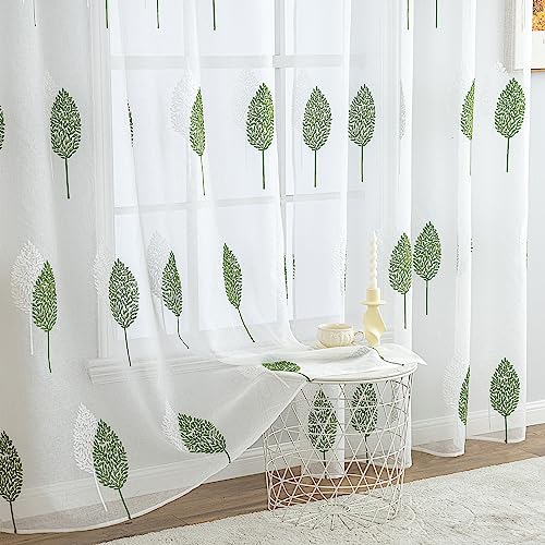 MIULEE Wohnzimmer Vorhänge Transparent mit Grün und Weiss Blätter Muster, Modern Stickerei Gardinen Ösen für Schlafzimmer Deko, 2er Set Schöne Blätter Muster Vorhang Fenster H 245 x B 140