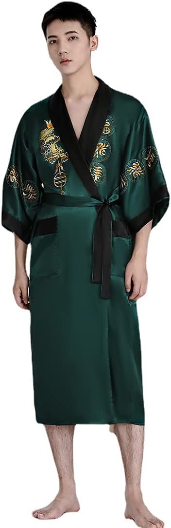 Robe for Men Dragon Embroidered Silk Satin Yukata Pajamas Kimono Bathrobe Sleepwear Night Gown