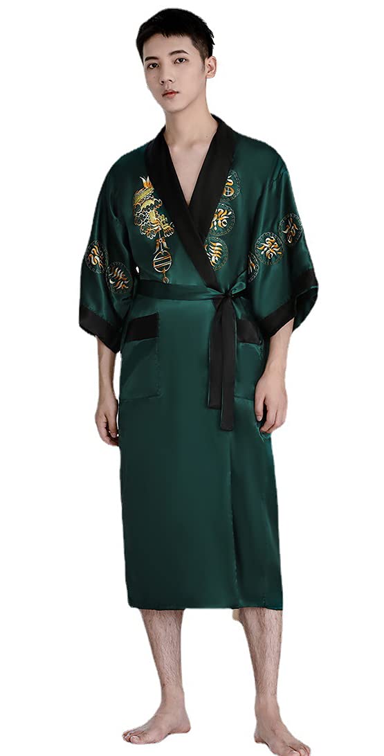 EXPOING Robe for Men Dragon Embroidered Silk Satin Yukata Pajamas Kimono Bathrobe Sleepwear Night Gown