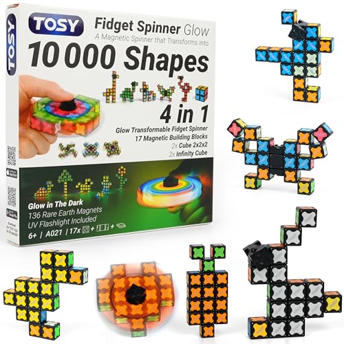 TOSY Magnet Fidget Spinner Glow – 16 Blocks, 3in1 Toy: Transformable Fidget Spinner, Infinity/Puzzle Cube, Easter Birthday Gift for Kids/Adults, Glowing STEM Sensory Stress Relief