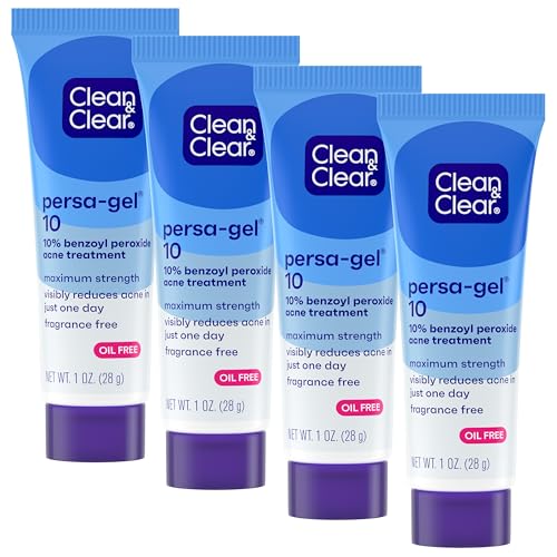 Image of Clean & Clear Persa-Gel 10 Acne Medication Spot Treatment with Maximum Strength 10% Benzoyl Peroxide, Pimple Cream & Acne Gel Medicine for Face Acne with Benzoyl Peroxide Medication, 1 oz (pack of 4)