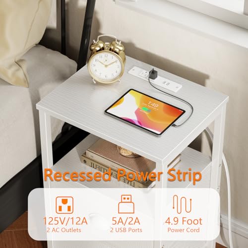 Image of Furologee LED Night Stand with Charging Station, White Nightstand with Fabric Drawers, Bedside Table with Storage Shelf, End Table for Living Room /Bedroom /Dorm