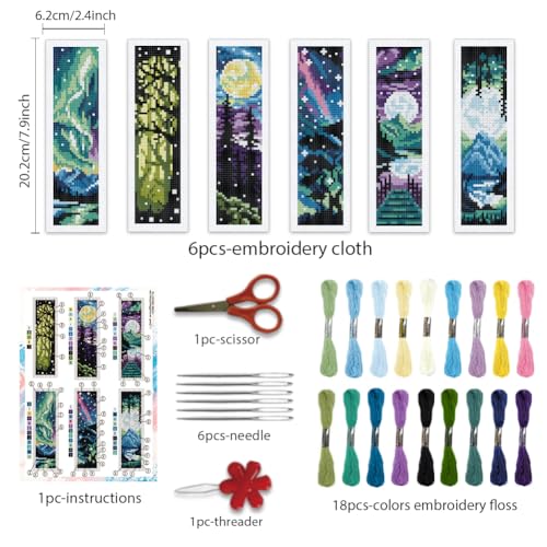 Image of BEUNITONE 6 Pcs Landscape Bookmarks Cross Stitch Kits for Adults Beginner Scenery Cross Stitch Bookmark Kit Aurora Needlepoint Bookmark Kit Stamped DIY Embroidery Kit with Instructions 2.4x8 in