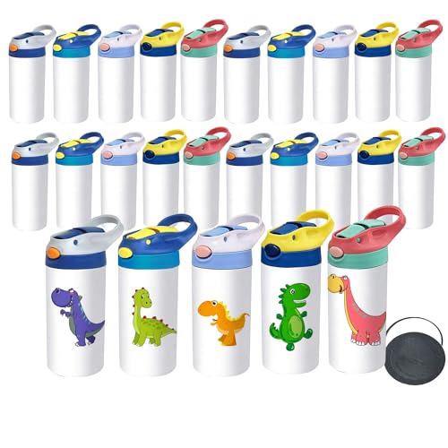 MICLAXYS Sublimation Tumbler 25 PACK 12oz Stainless Steel Sublimation Sippy Cup Double Wall Insulated Kids Tumbler with Handle Spill Proof lid Silicone Bottoms for Water Drinks (25 12OZ)