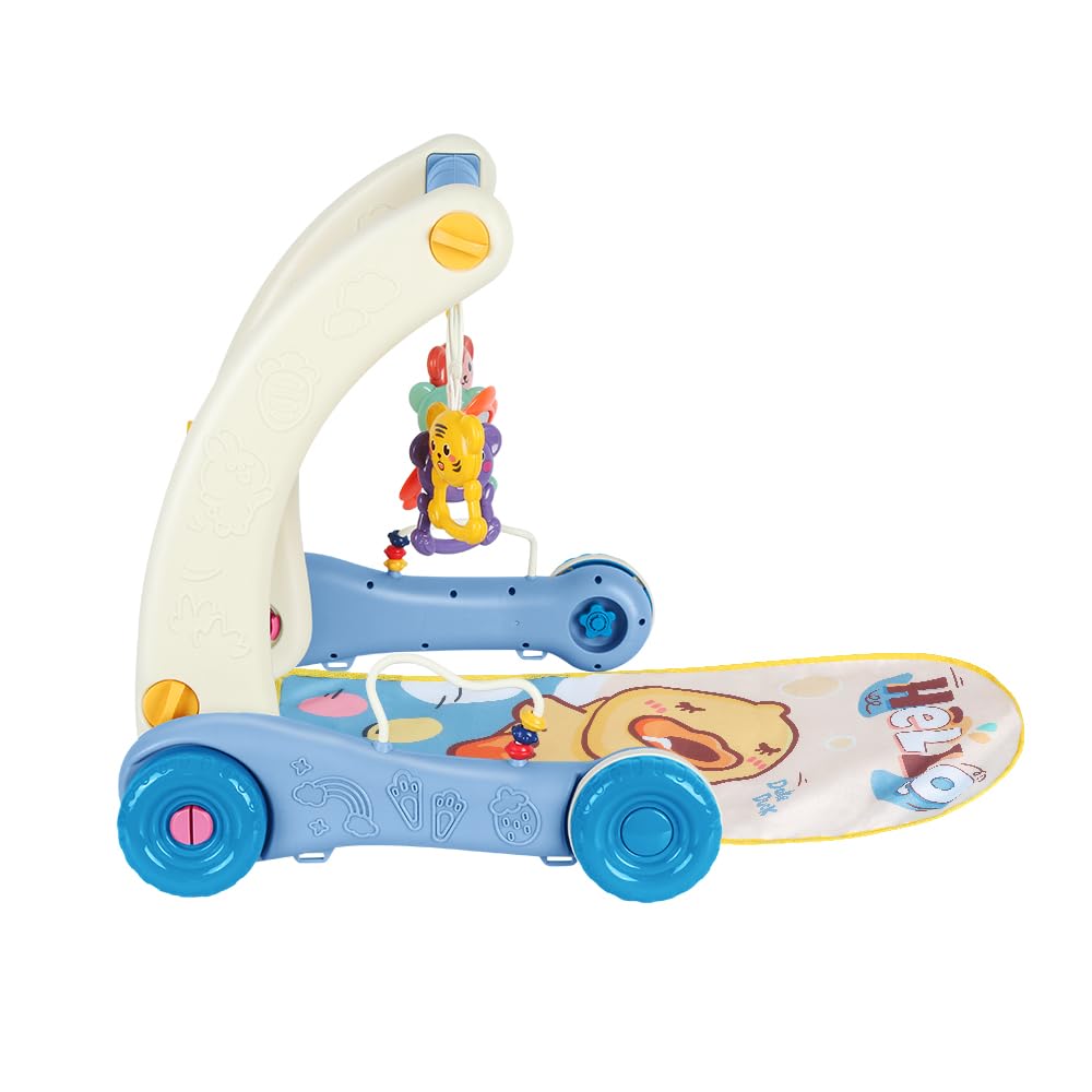4 in 1 Carrello da passeggio per bambino con tappeto di risveglio, per ragazzo e ragazza, girello da passeggio con lavagnetta staccabile giocattolo per neonati (blu)