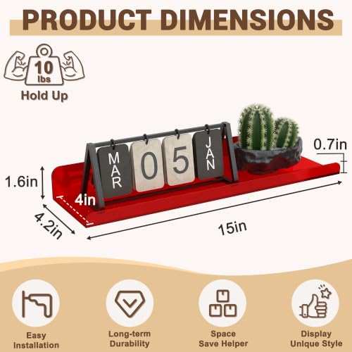 Image of Qukaka Floating Shelves for Wall Decor, 15 inch Wall Shelves for Bedroom, Living Room, Kitchen, Bathroom Decor, Nail Polish /Book /Decoration /Makeup /Perfume Organizer Floating Shelf-3Pack Clear Red