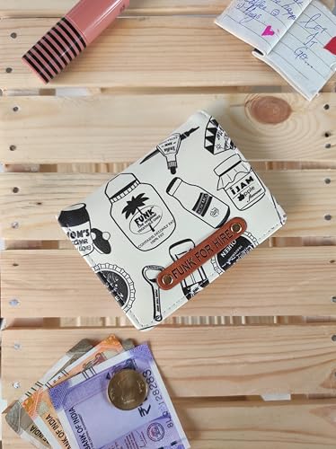 Image of Funk For Hire Vegan Leather Slim Wallet for Men Women White Printed Card Holder Minimalist Bifold with 6 Card Slots Cash Compartment and Zippered Coin Pouch