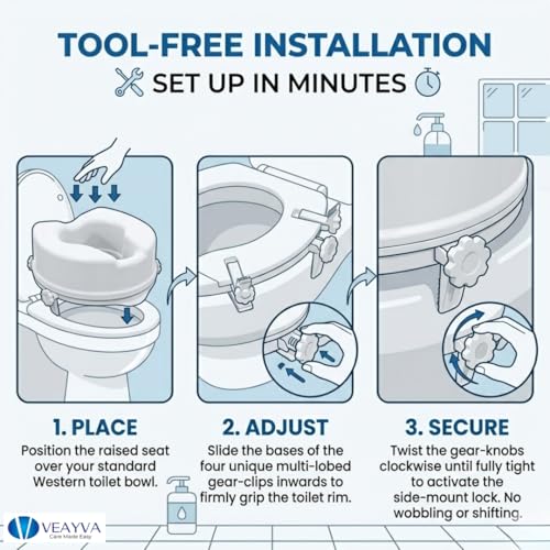 Image of Veayva Commode Raiser 4 Inch with 4 Clips - Raised Toilet Seat for Adults, Seniors & Patients | Toilet Height Raiser for Western Commode | Portable Toilet Seat Extension for Elderly & Disabled