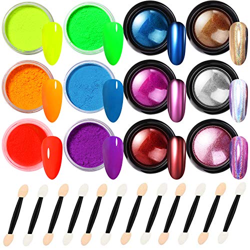 Kalolary 12 Jars Color Pigment Nail Powder Holographic Chrome Nail Powder, Mirror Effect Chameleon Nail Powder Colorful Gradient Iridescent Nail Glitter for Halloween/Christmas Makeup
