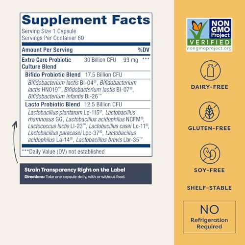 Renew Life Extra Care Probiotic Capsules, Daily Supplement Supports Immune, Digestive and Respiratory Health, L. Rhamnosus GG, Dairy, Soy and gluten-free, 30 Billion CFU, 60 Count - Image 3