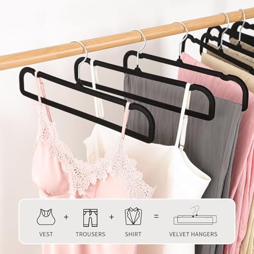 Image of 20 Pack Velvet Pants Hangers for Closet Space Saving, Thin Hanger (Black) | 35cm(L) Heavy Duty Flocked Trouser Hangers, Durable, Clothes Hanger with Silver Swivel Hook, Jean Hangers for Women and Men