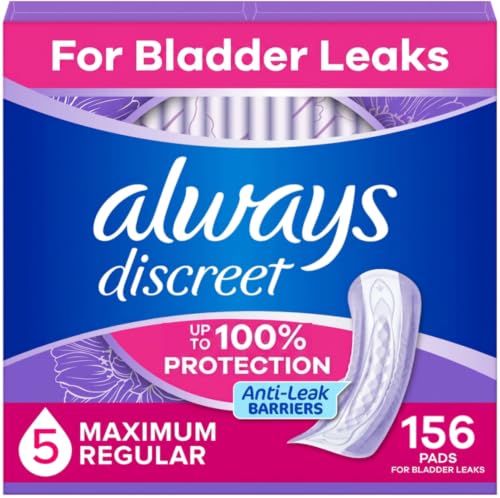 Image of Always Discreet Adult Incontinence Pads for Women, Drier, 5 Drop Long Length, Heavy Absorbency, Pads for Bladder Control Management, Bladder Leaks, & Postpartum Pads, 156ct