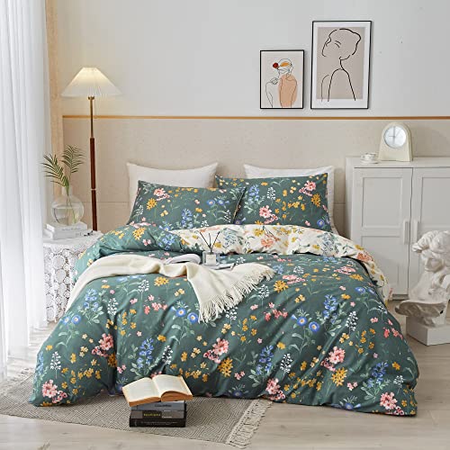 Image of PinkMemory Green and White Floral Duvet Cover King 100% Cotton Reversible Green and White Flower Pattern Bedding Set King with Pillowcases for Teens Adult Zipper Closure