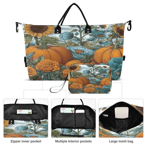 Fall Sunflower Pumpkin Marigolds Travel Duffel Bag for Men Women with Makeup Bag Weekend Overnight Carry On Bags for Travel Yoga Gym2