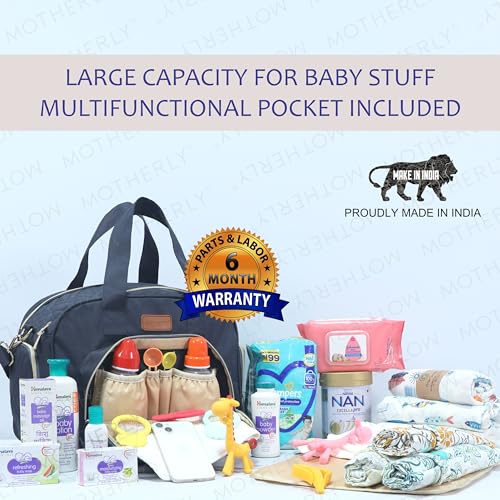 Image of Motherly Diaper Quilted Diaper Bag for Mothers for Travel with Changing Mat - Spacious Diaper Bags for Mom | Baby Bag with Multi-Pocket Design | Maternity Bags for Mother and Baby (Navy Blue)