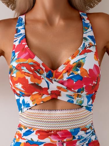 Image of B2prity Women's One Piece Swimsuit Tummy Control High Waisted Bathing Suit | Color Block,Removable Soft Cups,Cutout,V neck,Full Coverage,Adjustable Criss Cross Straps,Tie Back