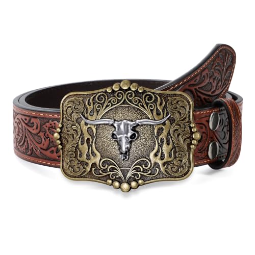 Image of Cowboy Cowgirl Belt Western Belts for Men Women Floral Engraved Longhorn Bull Buckle Belt for Jeans