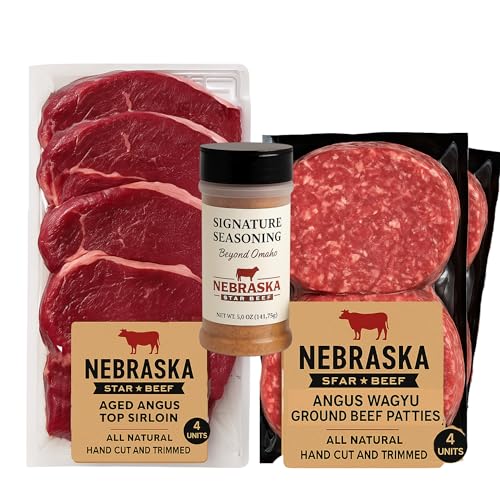 Aged Angus Top Sirloin and Ground Beef Patties by Nebraska Star Beef - All Natural Hand Cut and Trimmed and Includes Seasoning - Gourmet Package Delivered to Your Door